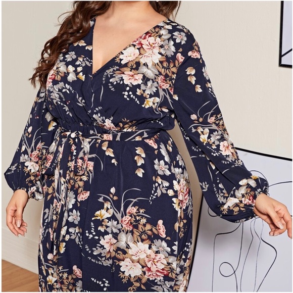 Plus Navy Blue  Floral Print Belted Maxi Dress - Picture 3 of 10